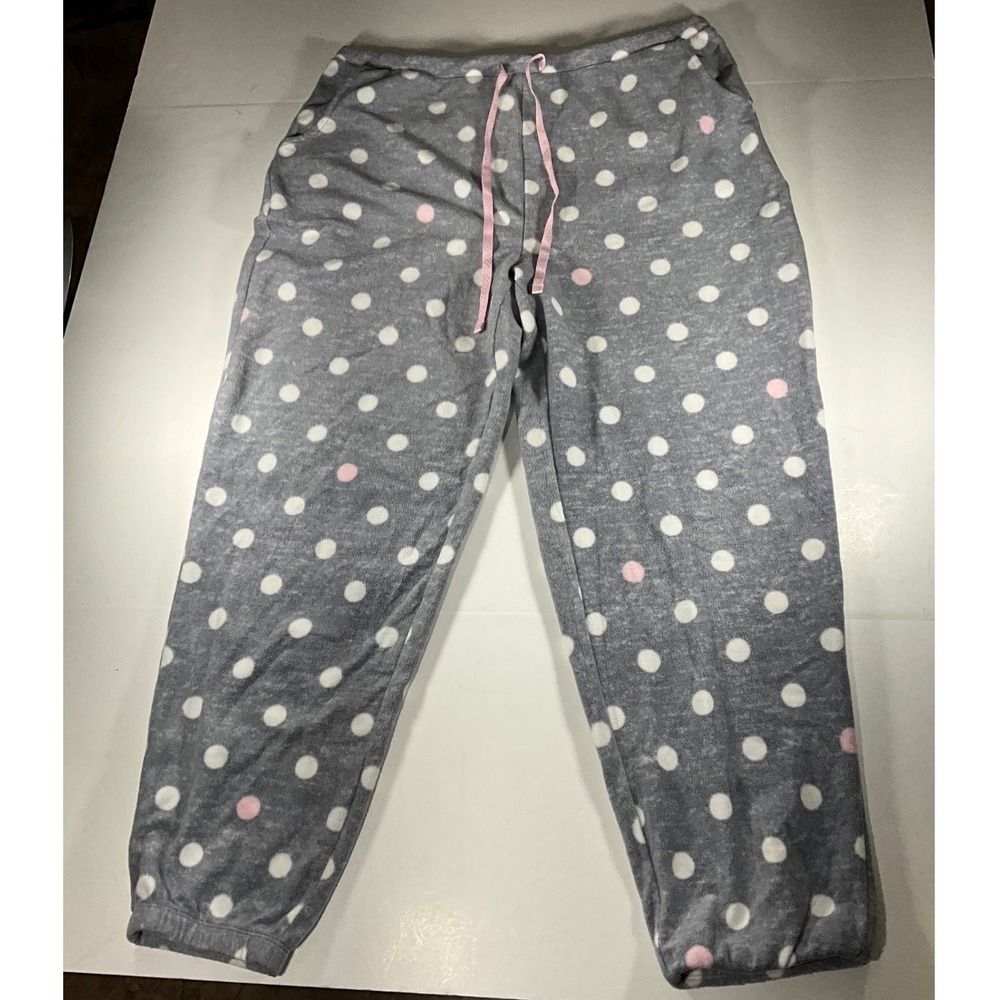 Cuddl Duds Gray Polka Dot Fleece Pajama Pants Large Drawstring Lounge Bottoms